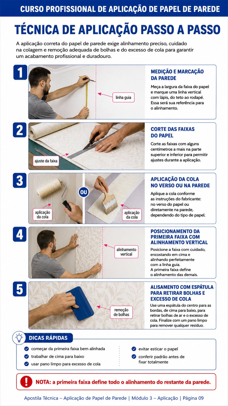 Página da apostila com a técnica de aplicação do papel de parede passo a passo