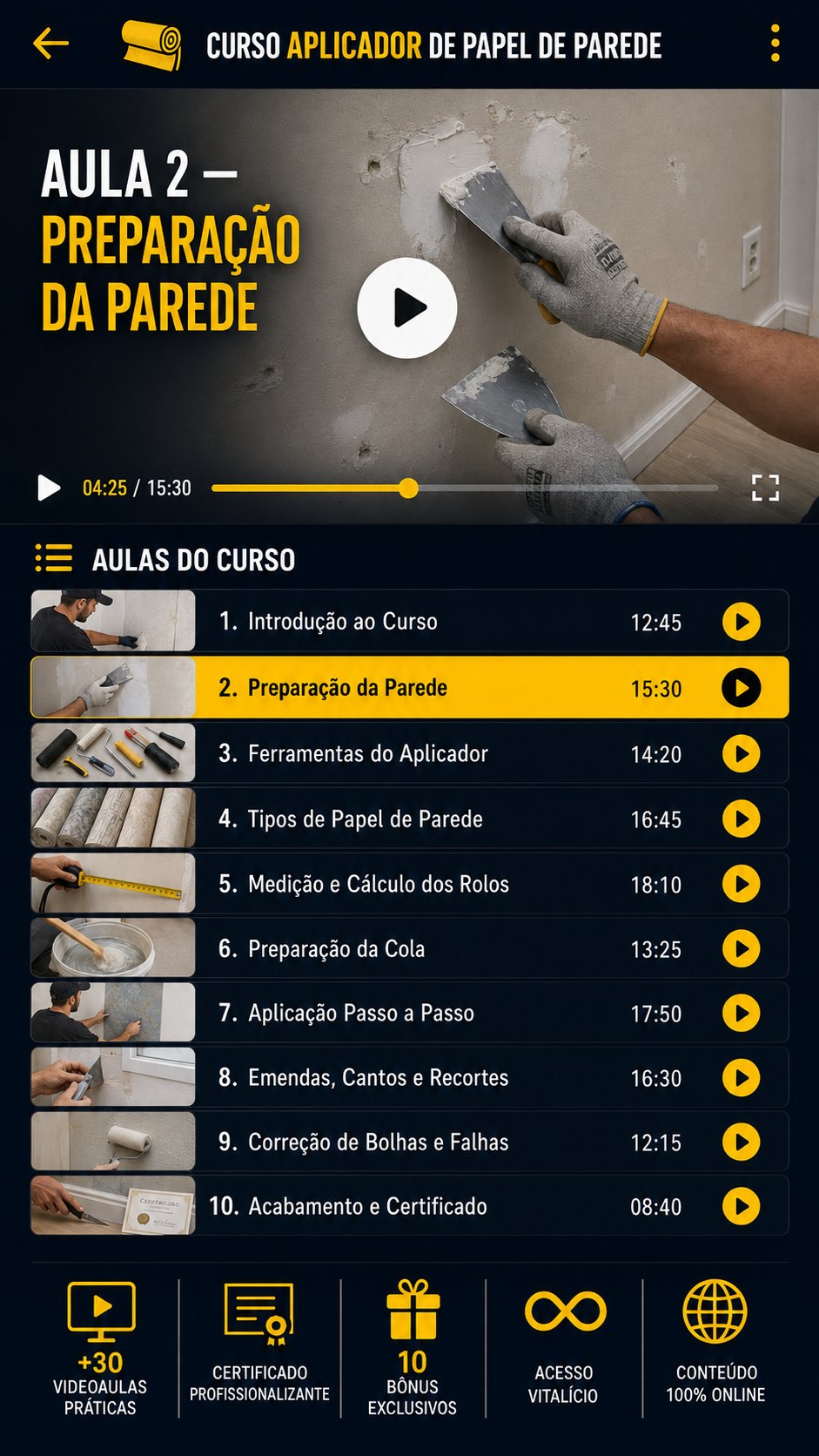 Prévia da vídeo aula sobre ferramentas e materiais para instalar papel de parede
