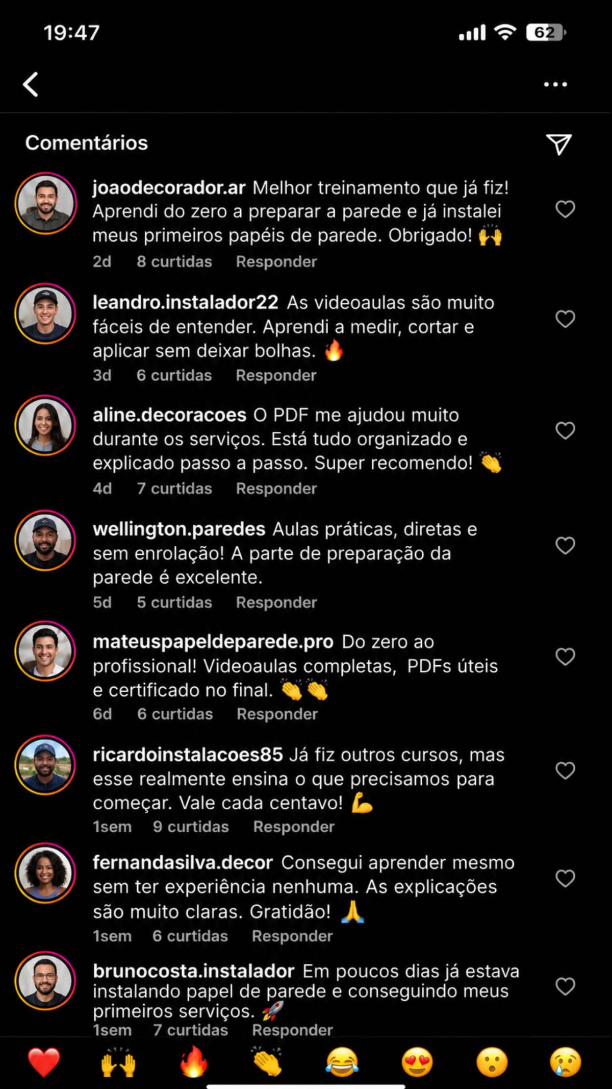 Print de mensagens reais de alunos do curso comentando os resultados após aplicar papel de parede