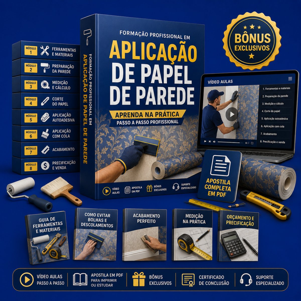 Curso Formação Profissional em Aplicação de Papel de Parede: módulos, apostila em PDF, bônus e certificado